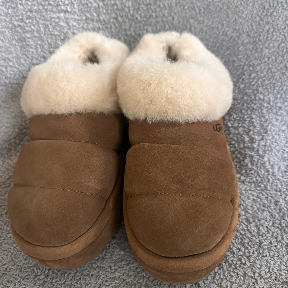 UGG Chestnut Brown Shearling-Lined Platform Slipp… - image 2